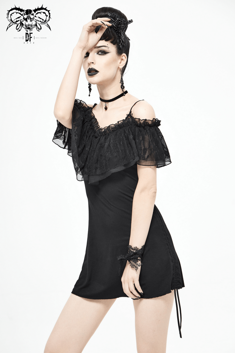 Elegant black women's gothic mini dress with lace off-shoulder sleeves and adjustable ropes, perfect for a chic look.