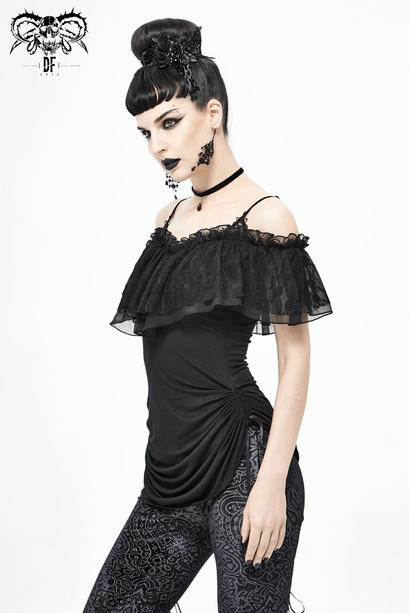 Black gothic off-shoulder dress with lace details, perfect for a stylish and elegant look.