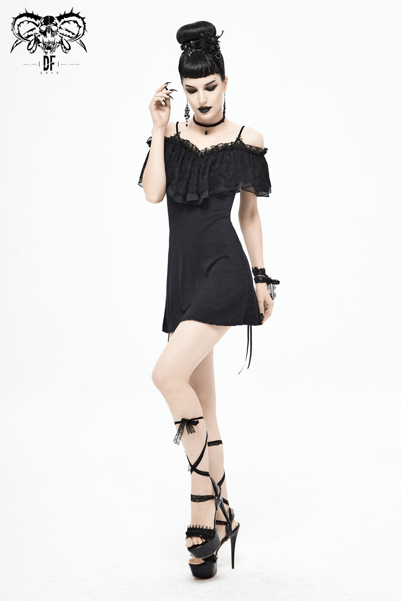 Elegant black Gothic off-shoulder mini dress with lace details, perfect for a stylish and edgy look.