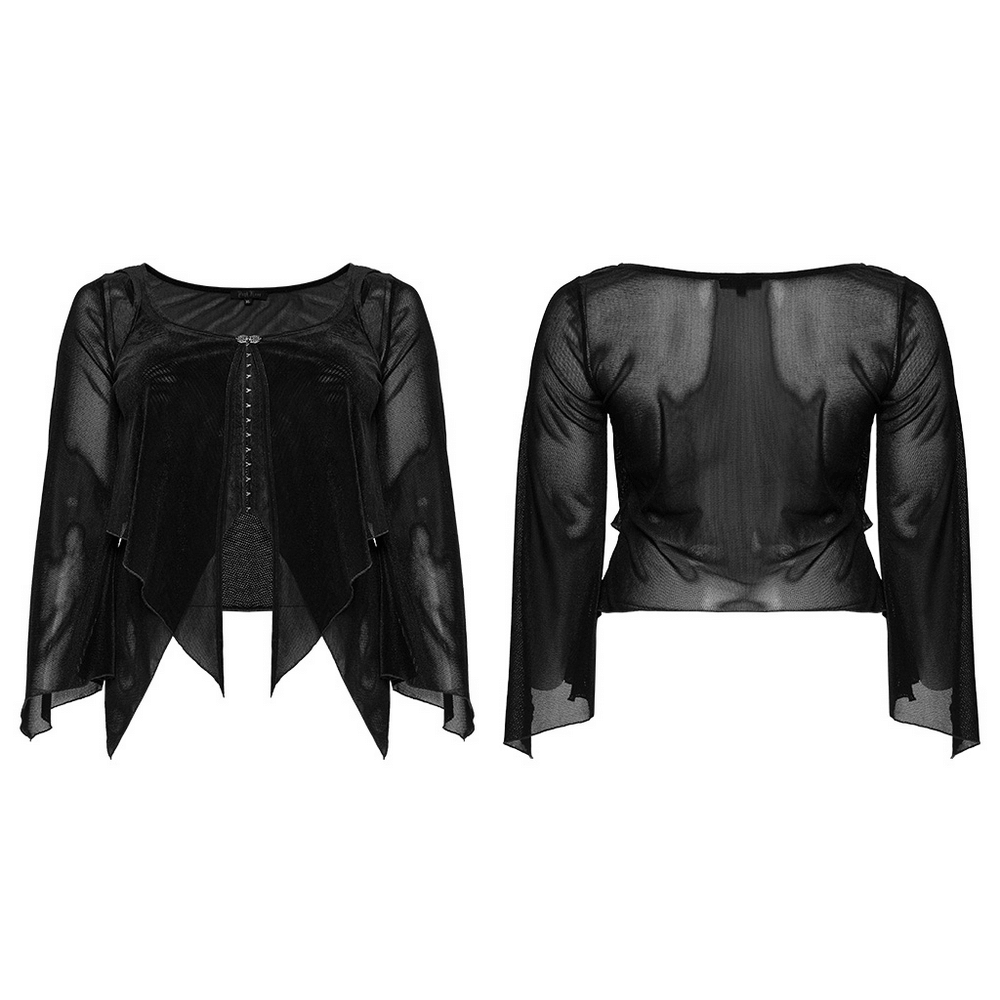 Black sheer long-sleeved women's top with bell sleeves and hook closures, showcasing a stylish cropped silhouette.