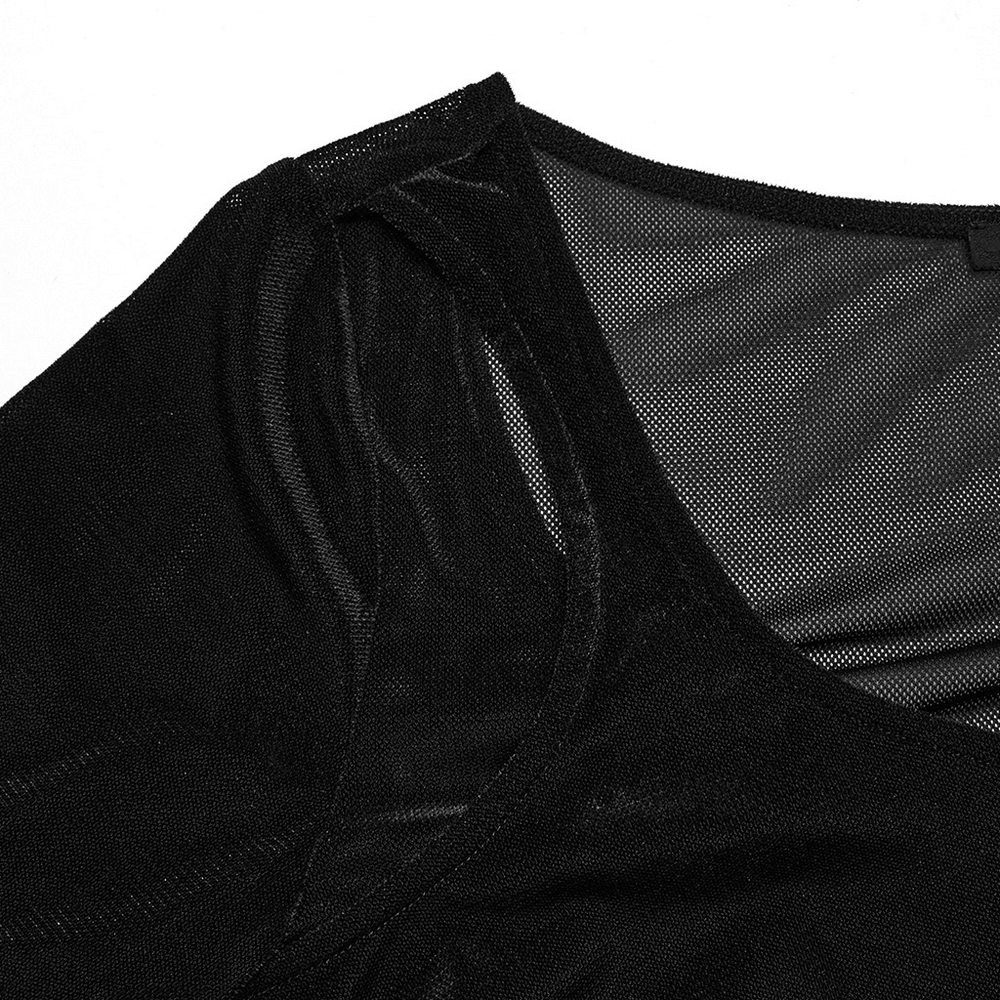 Close-up of a black sheer women's top showcasing the neckline and fabric texture for a stylish look.
