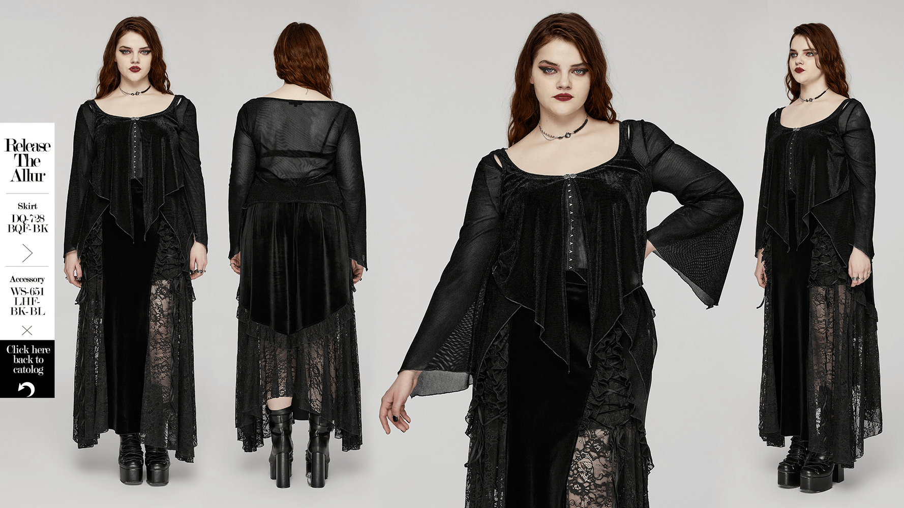 Stylish black sheer women's top with bell sleeves and hook closures, perfect for a trendy outfit.