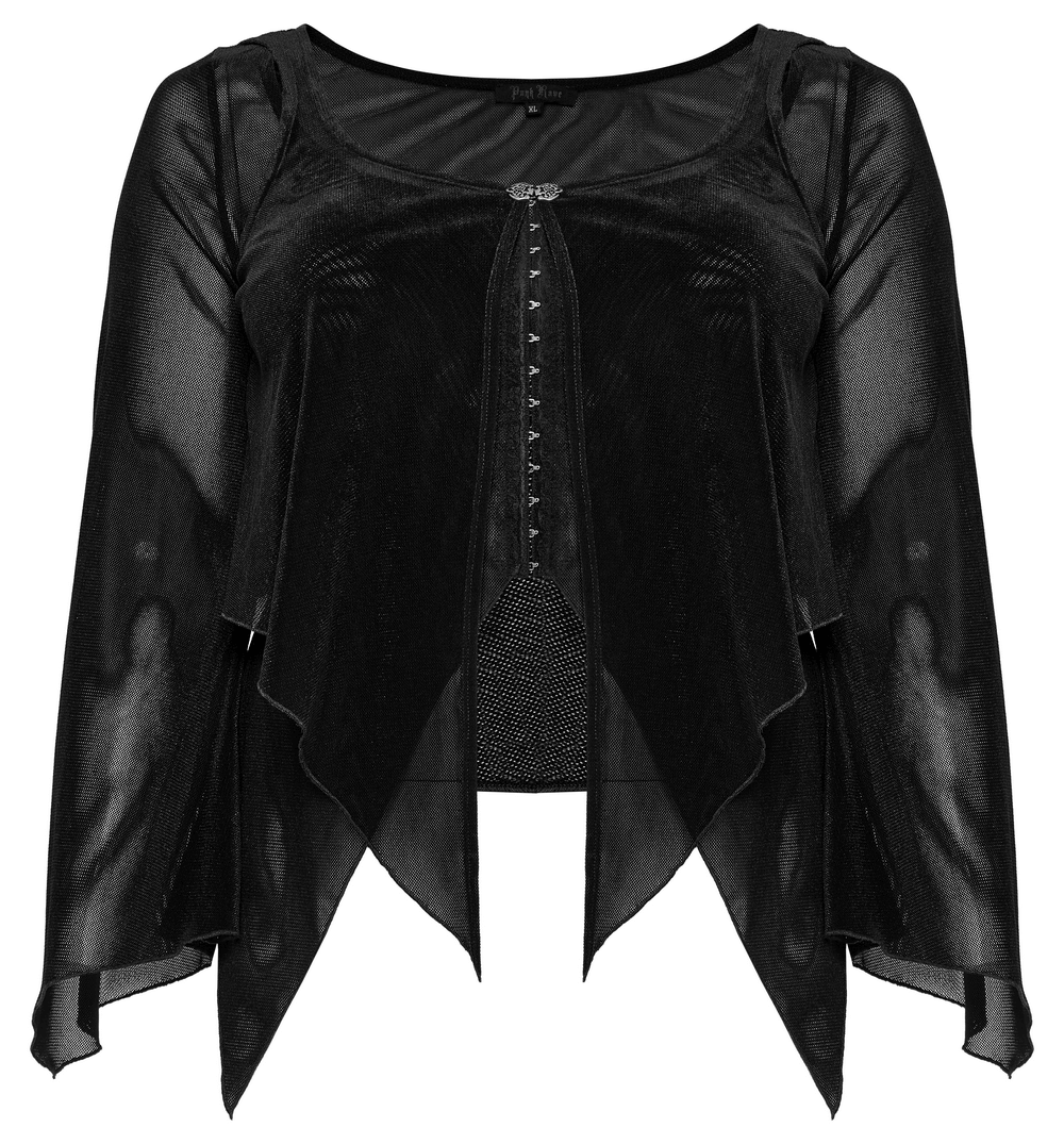 Sheer black women's top with bell sleeves and hook closures, perfect for a stylish outfit.
