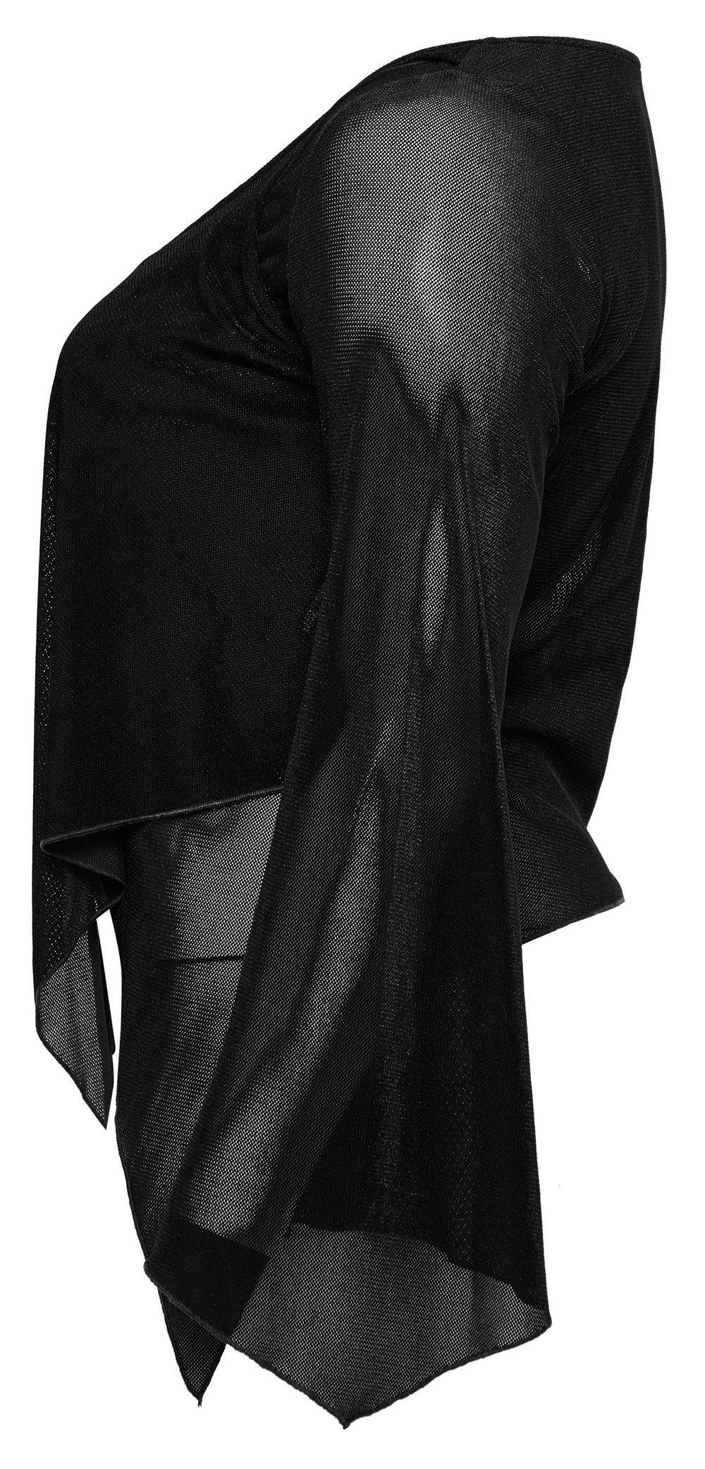 Black sheer long-sleeved top with bell sleeves and hook closures, perfect for stylish outfits.