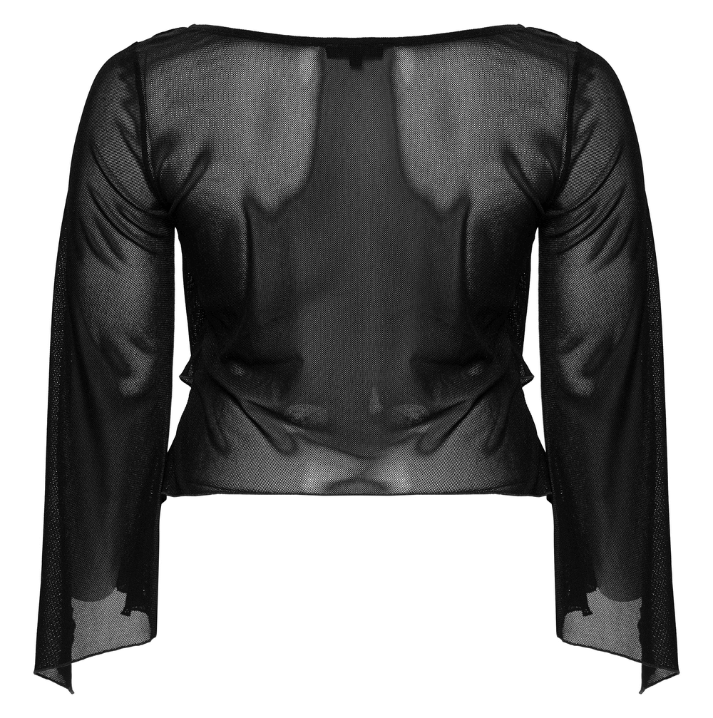 Black sheer long-sleeved women's top with bell sleeves and hook closures, showcasing a stylish cropped silhouette.