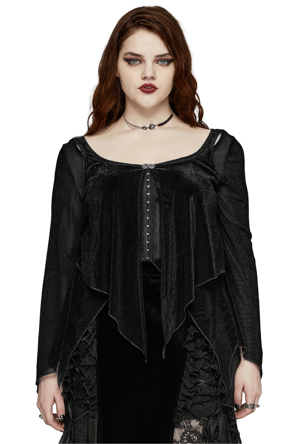 Black sheer top with bell sleeves and hook closures for women, perfect for stylish outfits.