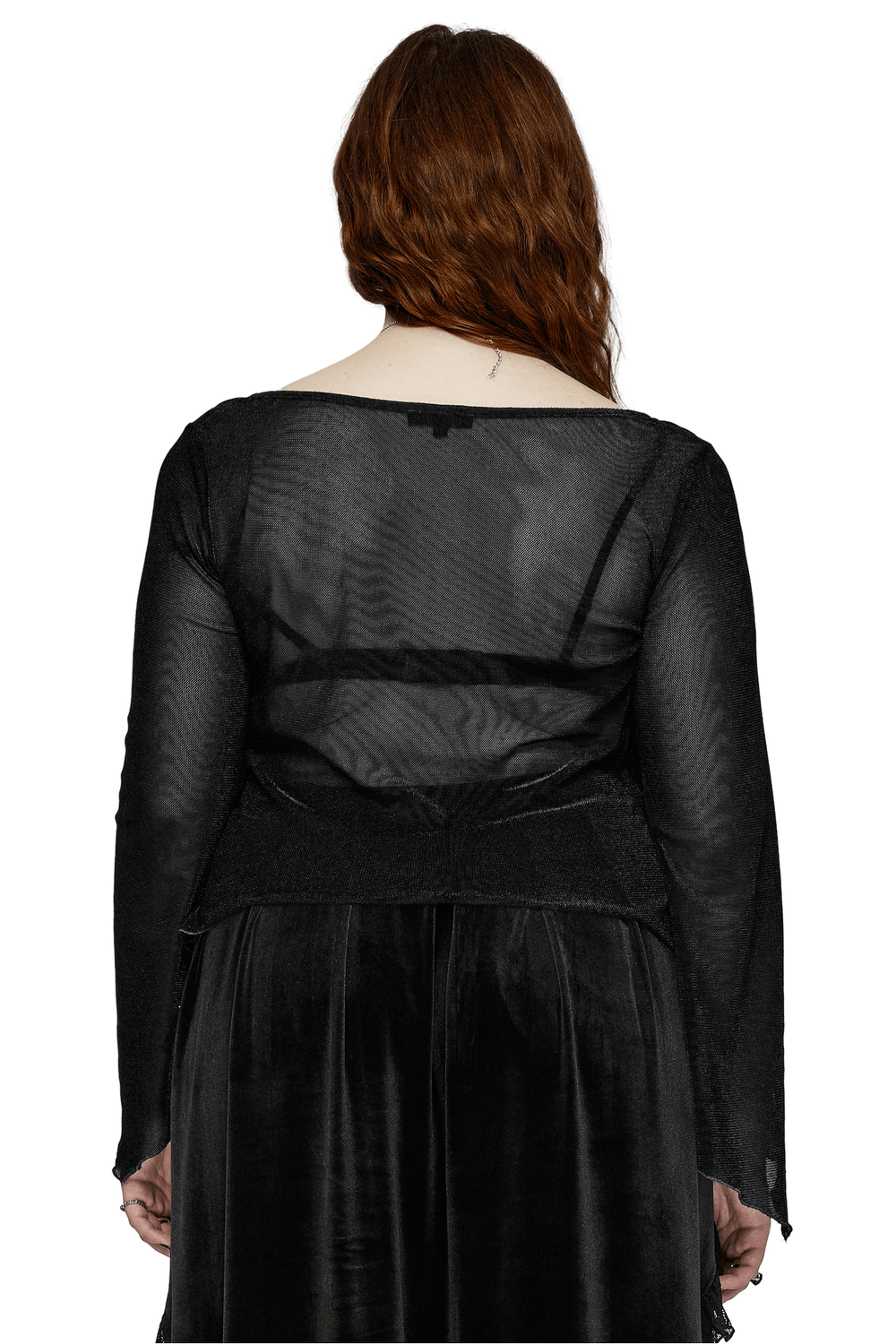 Rear view of a black sheer women's top with long bell sleeves, showcasing its elegant cropped silhouette.