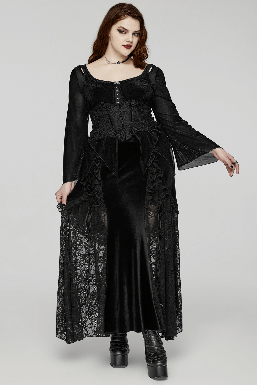 Elegant black long-sleeved gown with lace details and a corset-like bodice, perfect for a gothic look.