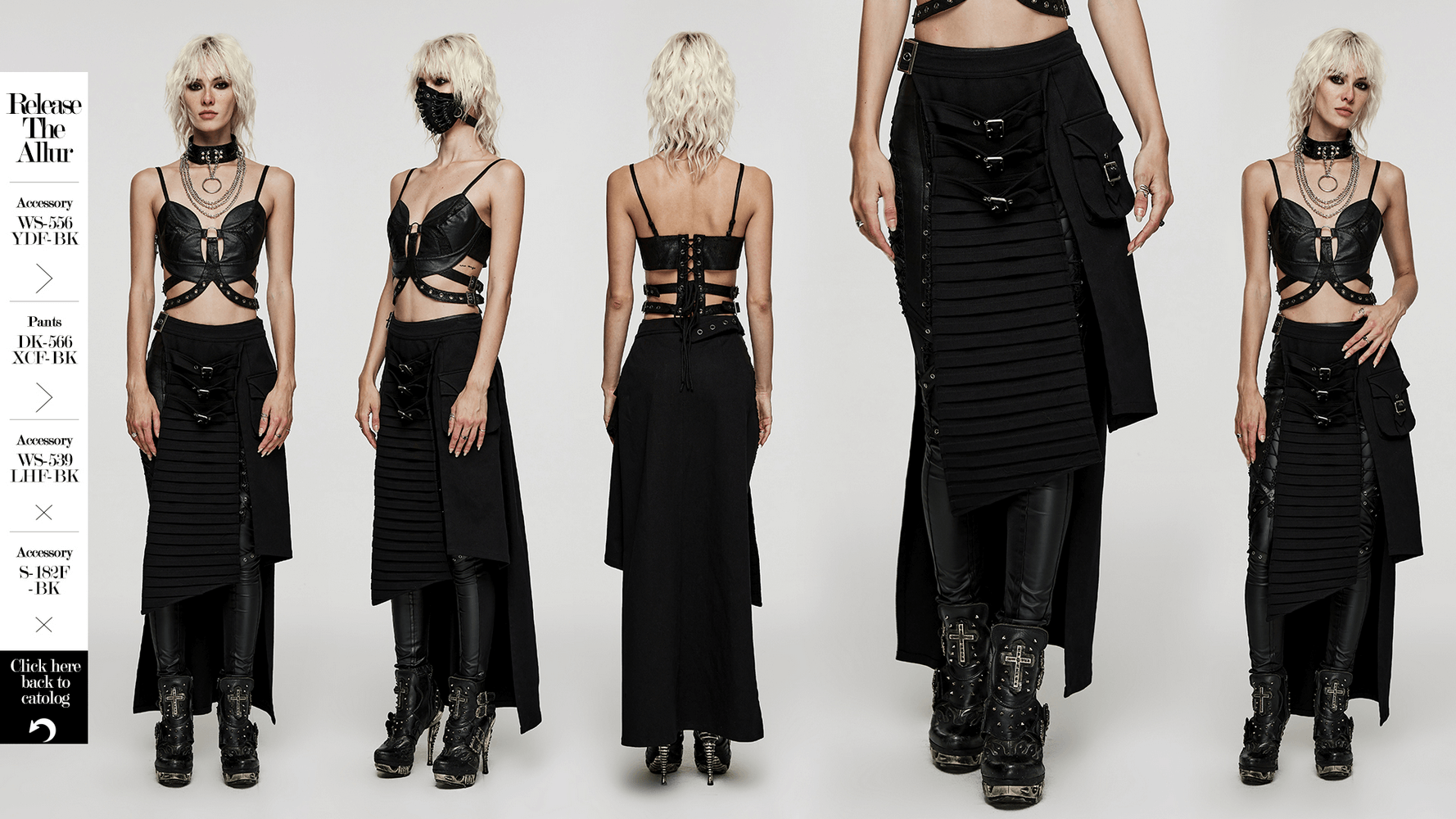 Black maxi skirt with buckle accents and pockets, paired with edgy top and stylish boots for goth-glam look.