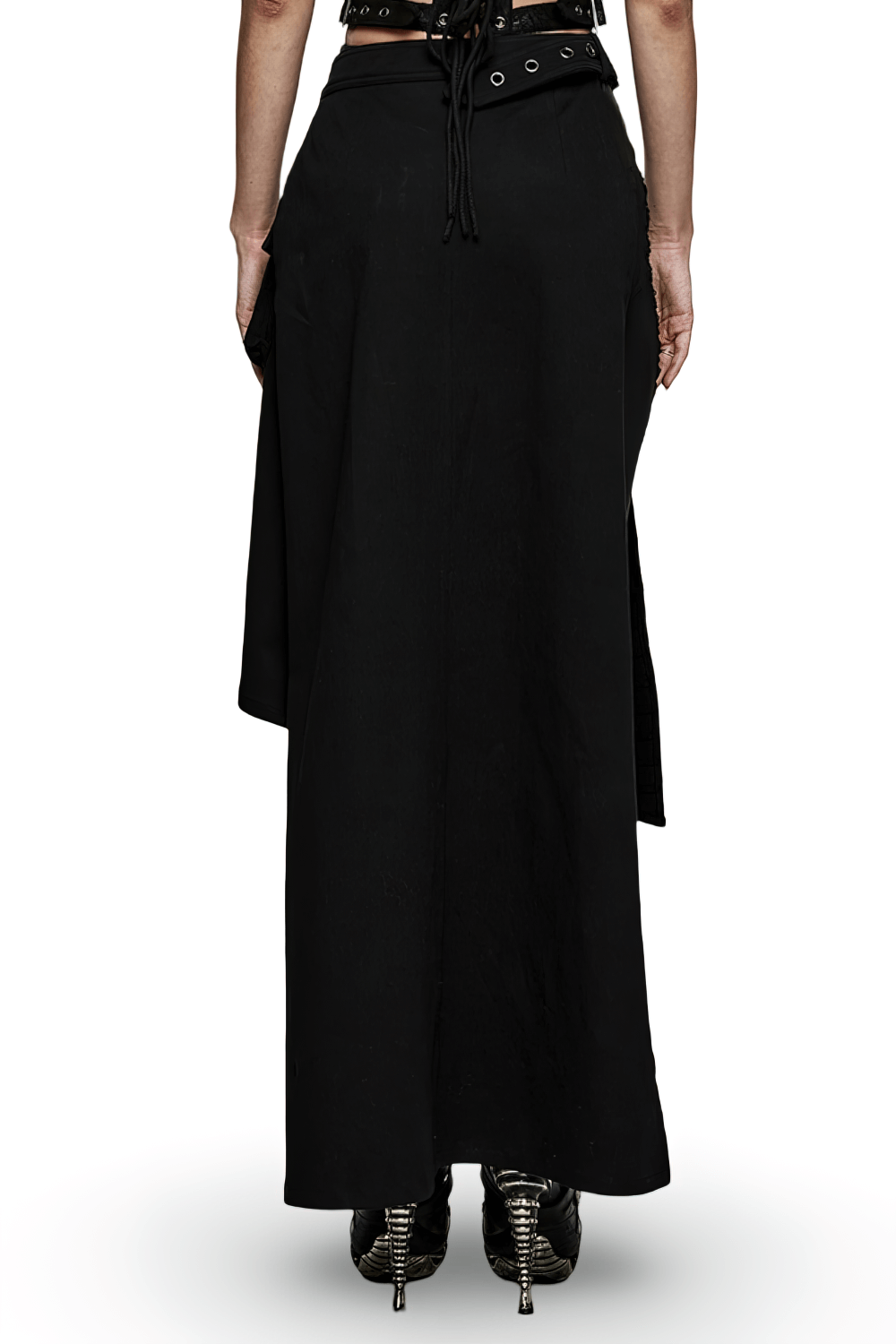 Black Wrap Maxi Skirt with Buckle Accents and Pockets