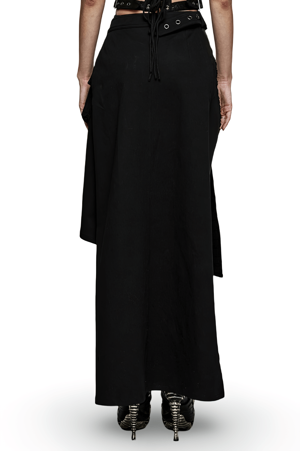 Back view of a black wrap maxi skirt featuring buckle accents and side pockets, perfect for a gothic-inspired look.
