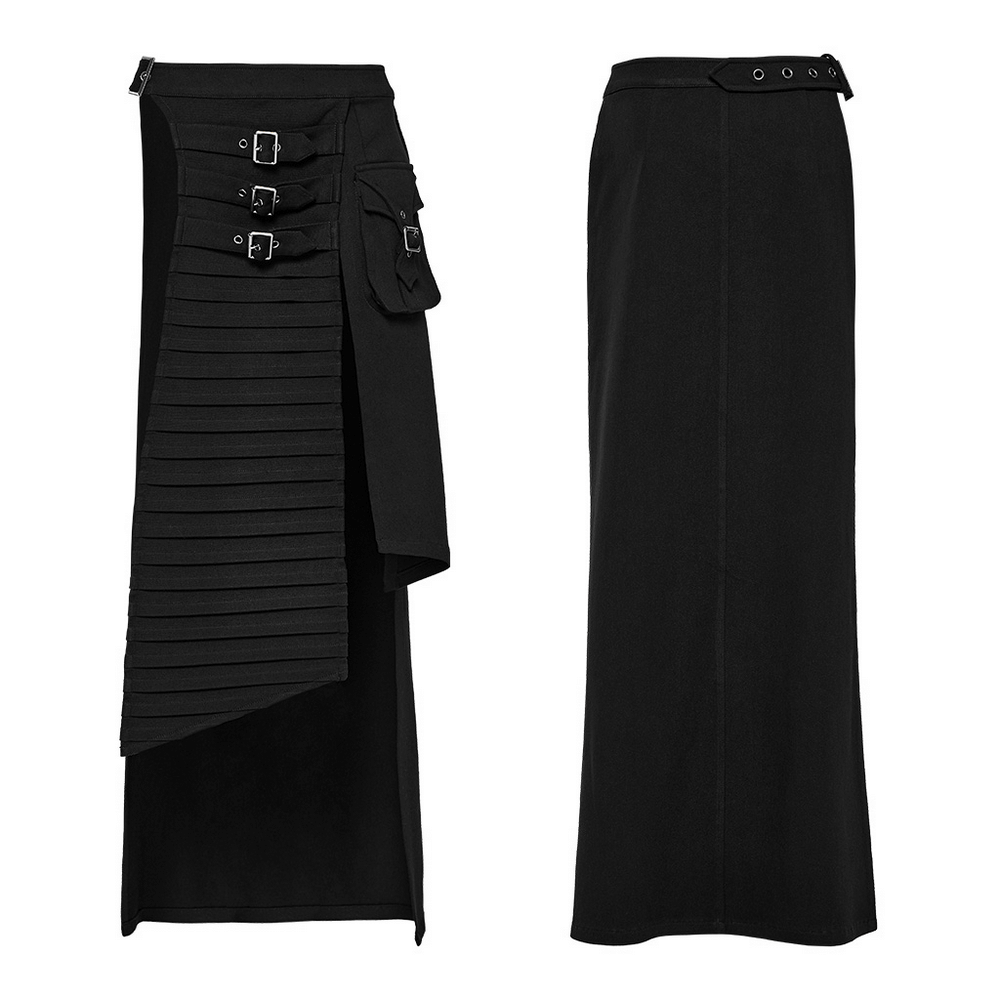 Black wrap maxi skirt featuring buckle accents and pockets, perfect for goth-glam outfits and versatile styling.