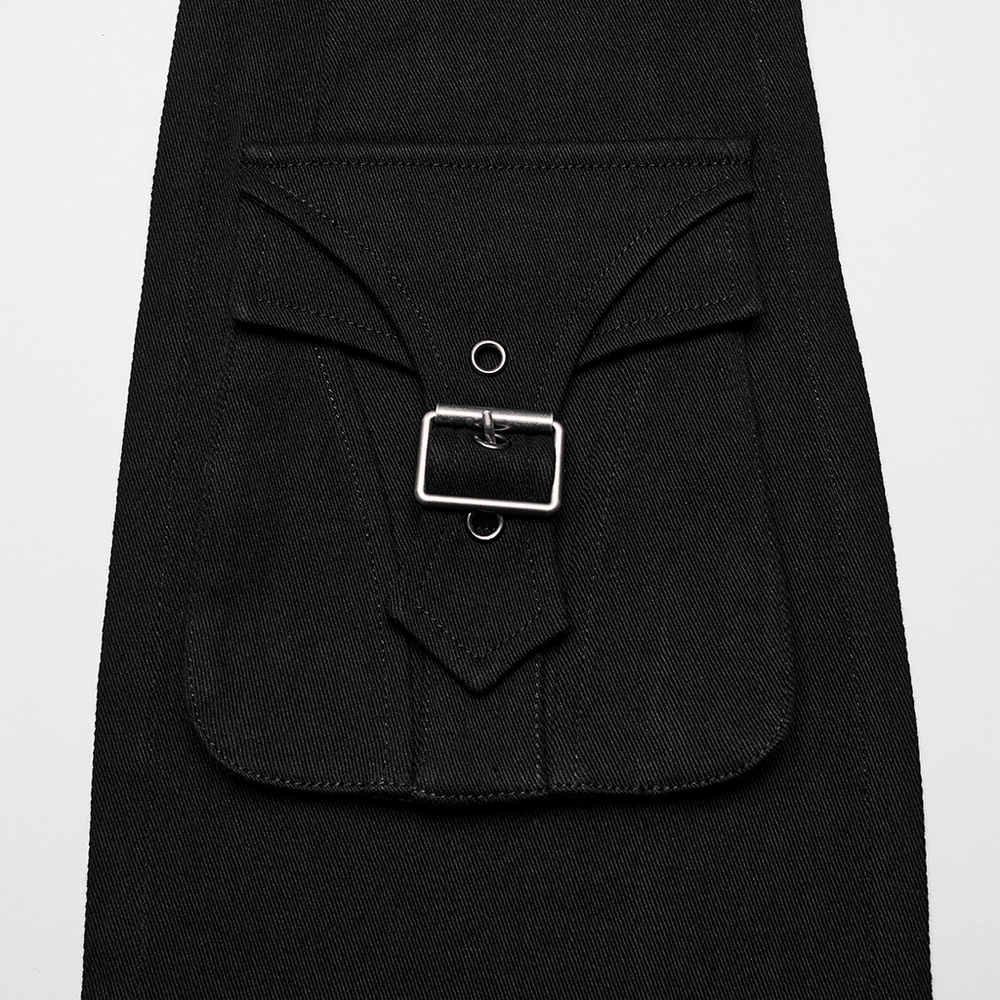 Close-up of the black denim maxi skirt's buckle-accented pocket detail, showcasing edgy design and utility.