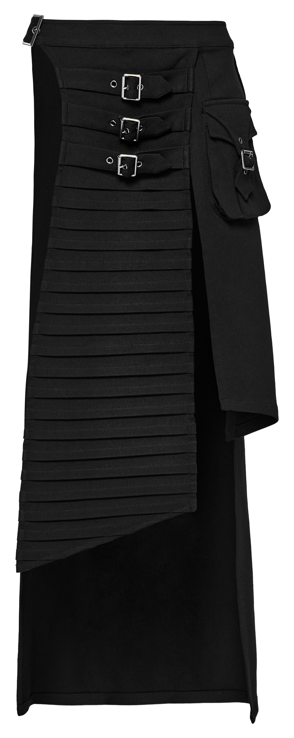 Black wrap maxi skirt with buckle accents and side pocket, showcasing an edgy goth-glam style in flowing denim fabric.