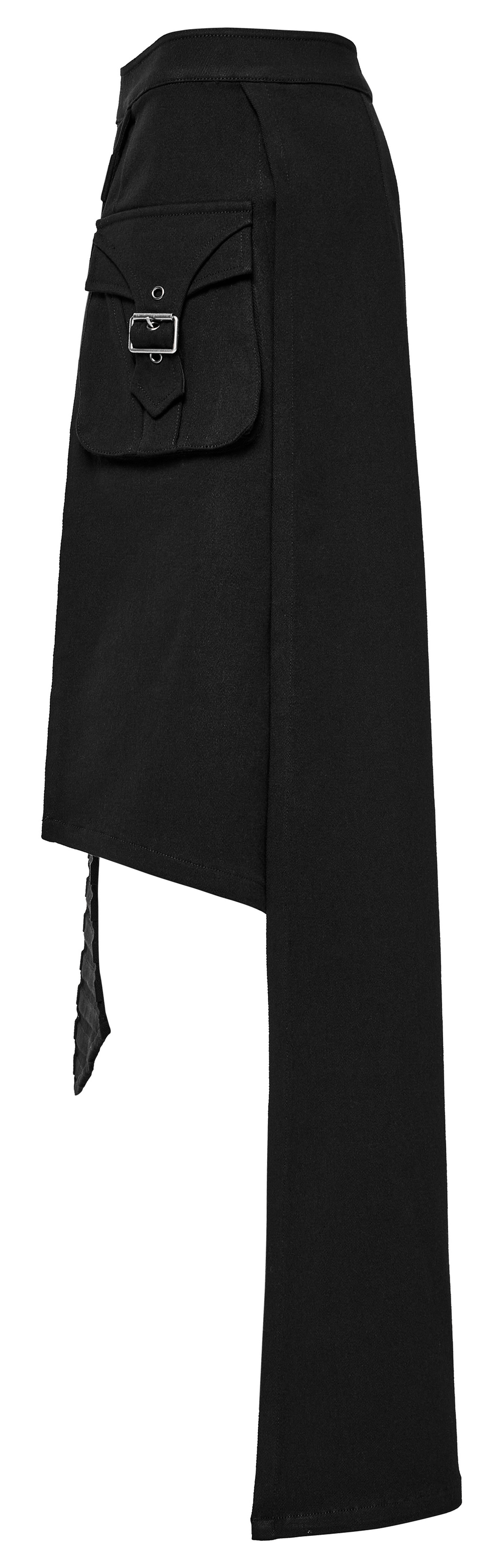 Black wrap maxi skirt with buckle accents and pockets, showcasing goth-glam style and adjustable metal button closures.
