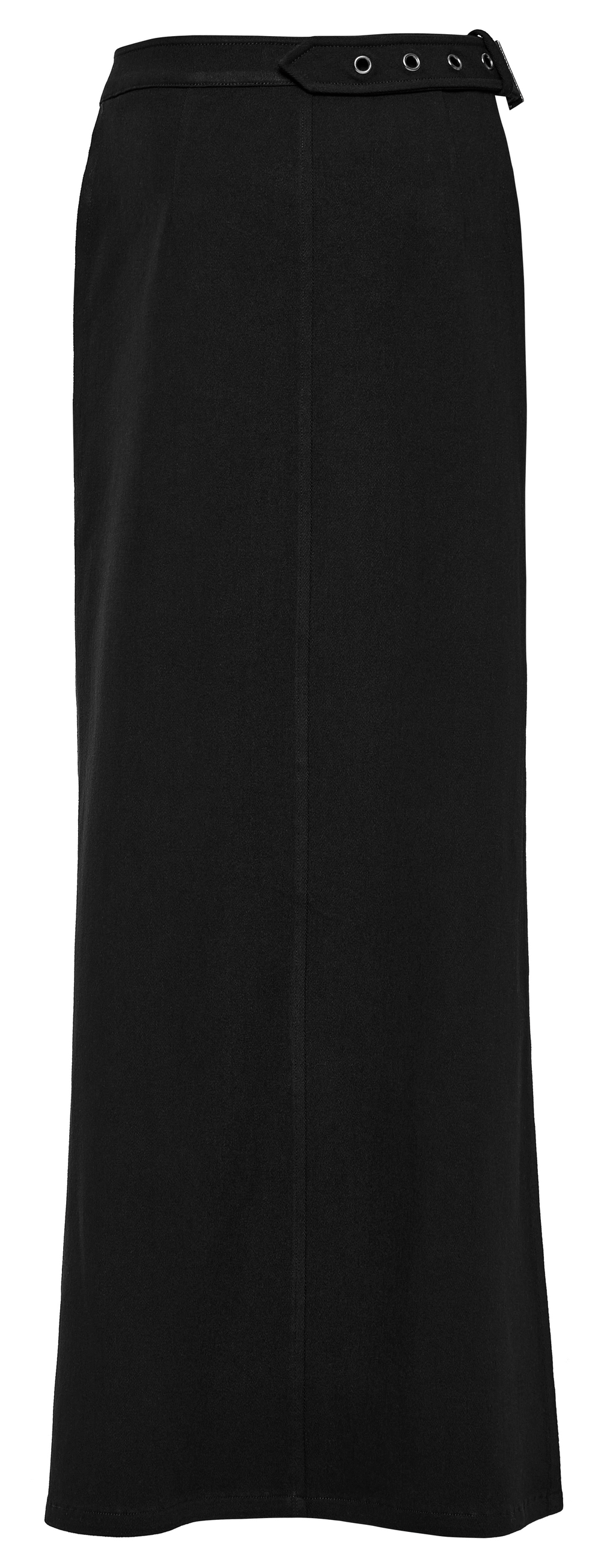 Black wrap maxi skirt with buckle accents, featuring a versatile denim weave and stylish pockets.