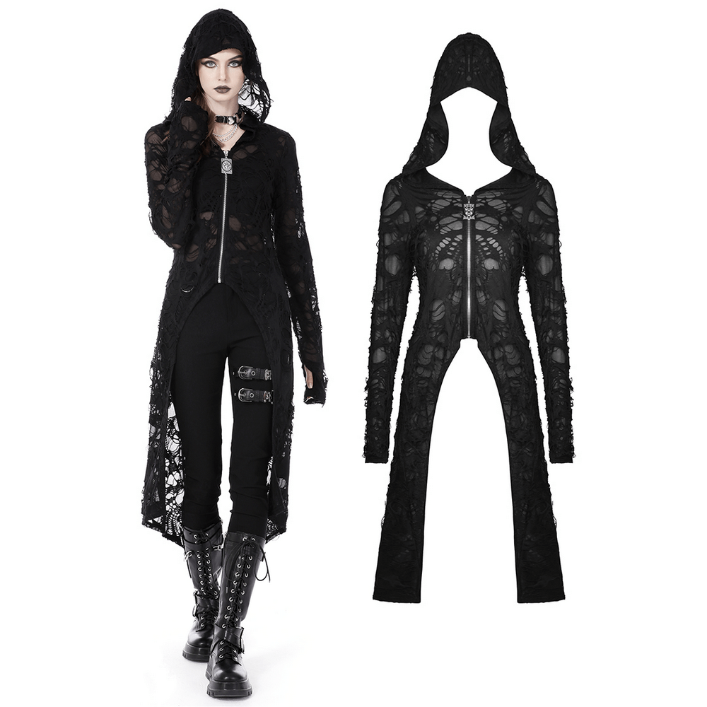 Black Zipper Distressed Gothic Lace Coat with Hood
