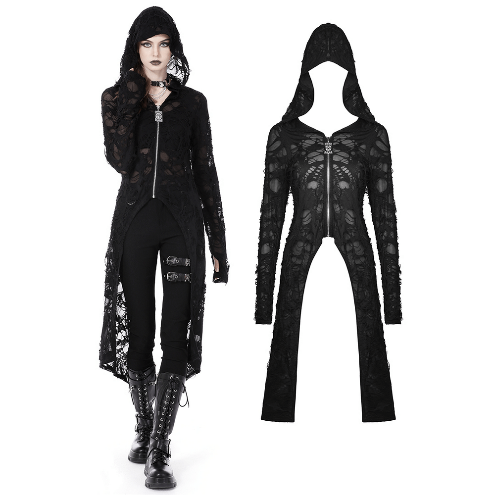 Gothic black lace longline hooded coat with zipper, distressed design, perfect for a dramatic style. Ideal for dark fashion lovers.