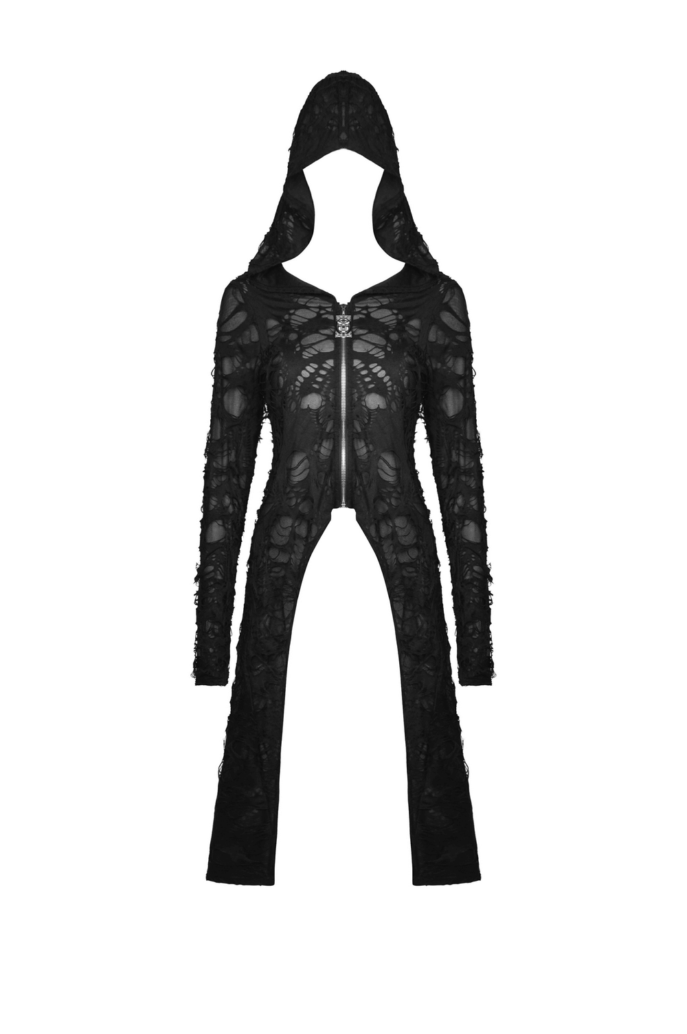 Women's black lace longline gothic coat with hood, distressed design, dramatic style, perfect for edgy fashion lovers.