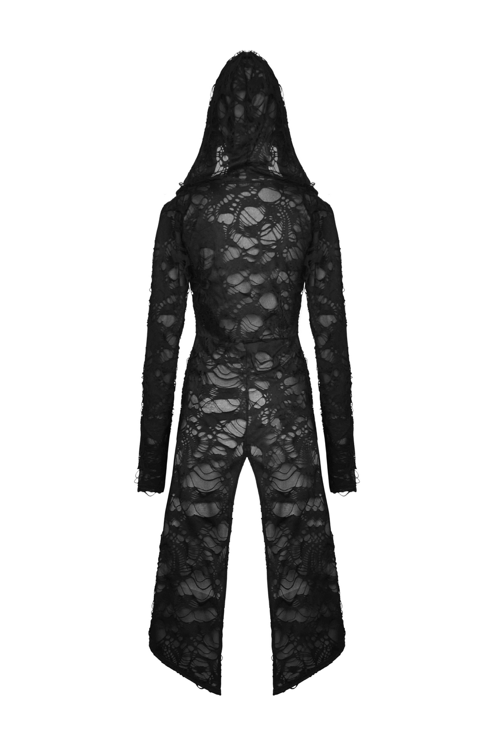 Back view of a black distressed gothic lace coat with hood, showcasing its longline silhouette and intricate lace design.