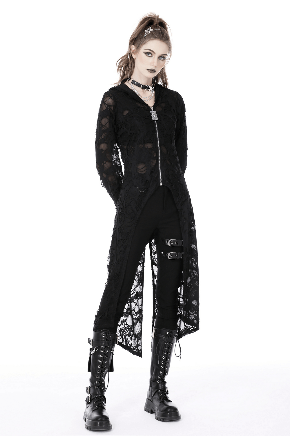 Women’s black lace gothic longline coat with hood, distressed design and dramatic flair, paired with edgy black pants.