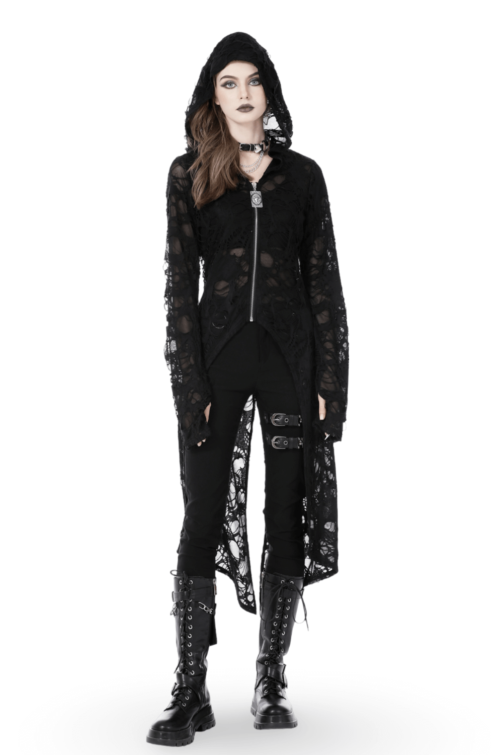 Women's black lace longline gothic coat with hood, distressed design, perfect for a bold, edgy look.