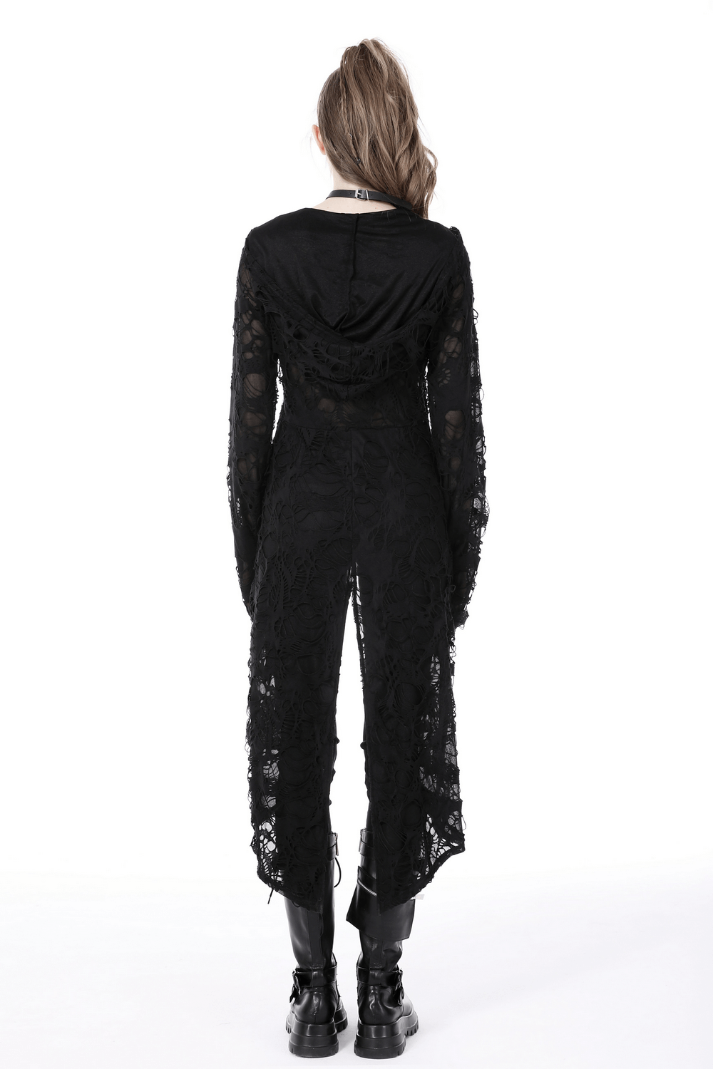 Back view of a women's black lace longline gothic coat with a hood and distressed design, perfect for a dramatic look.