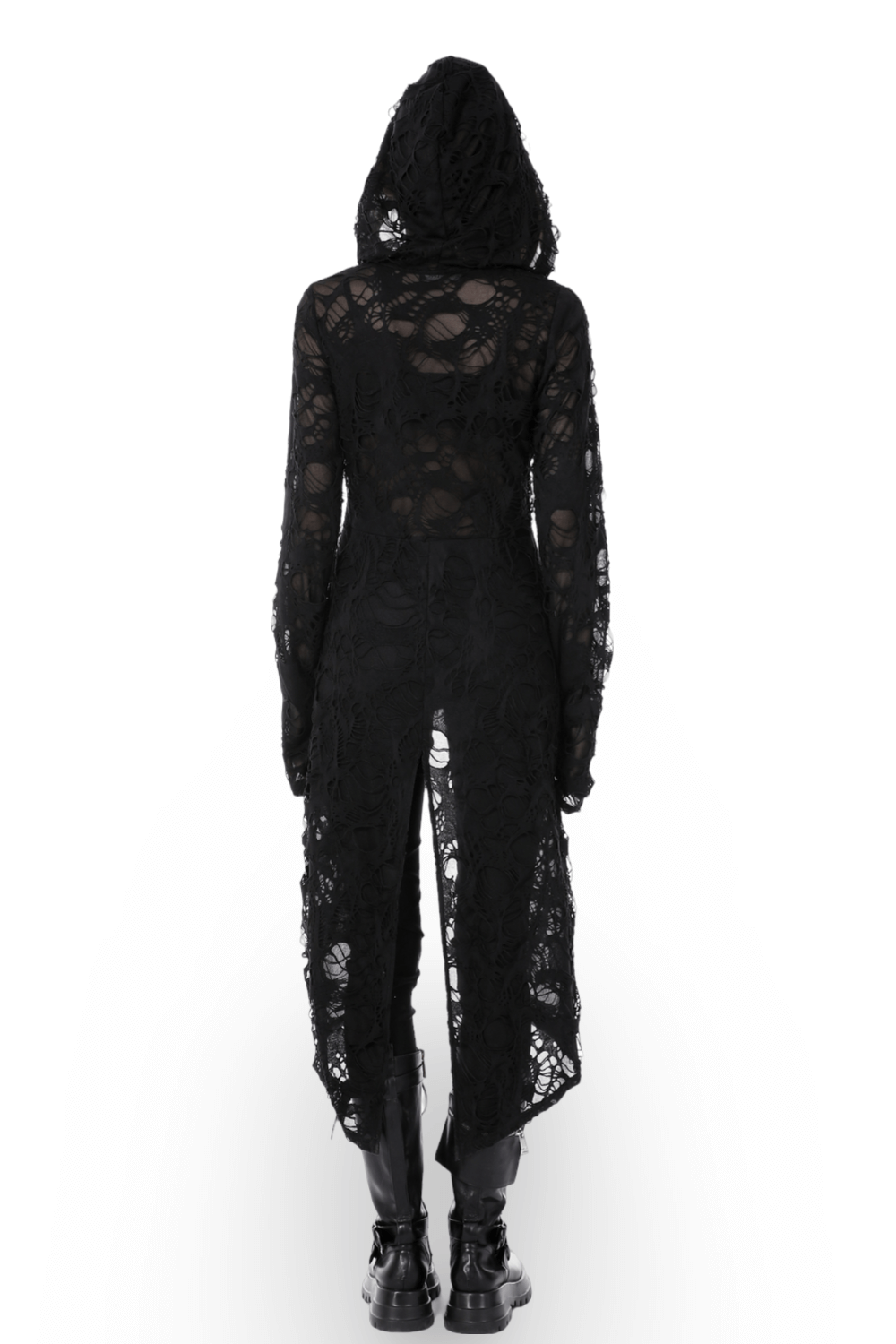 Black Zipper Distressed Gothic Lace Coat with Hood
