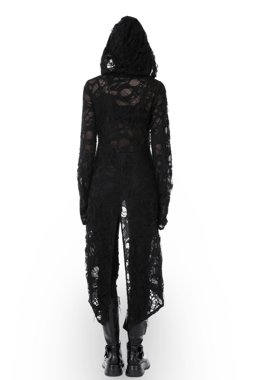 Back view of a black lace longline gothic hooded coat, featuring a distressed design and long sleeves.