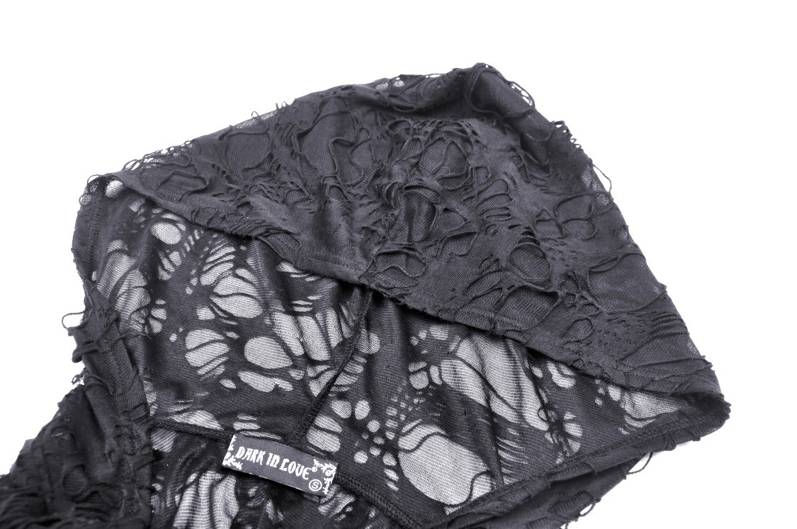 Close-up of the distressed black lace hood of a gothic coat, showcasing ripped design and unique texture.