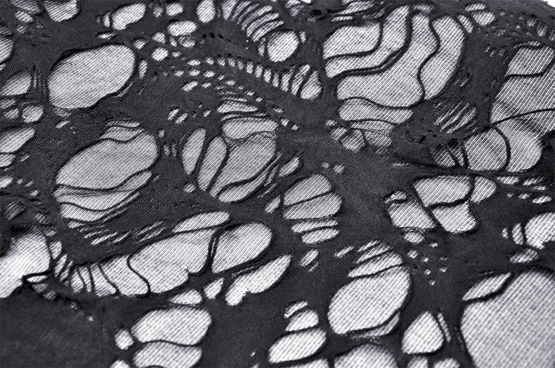 Detailed close-up of black lace fabric showcasing intricate patterns and textures for gothic fashion.