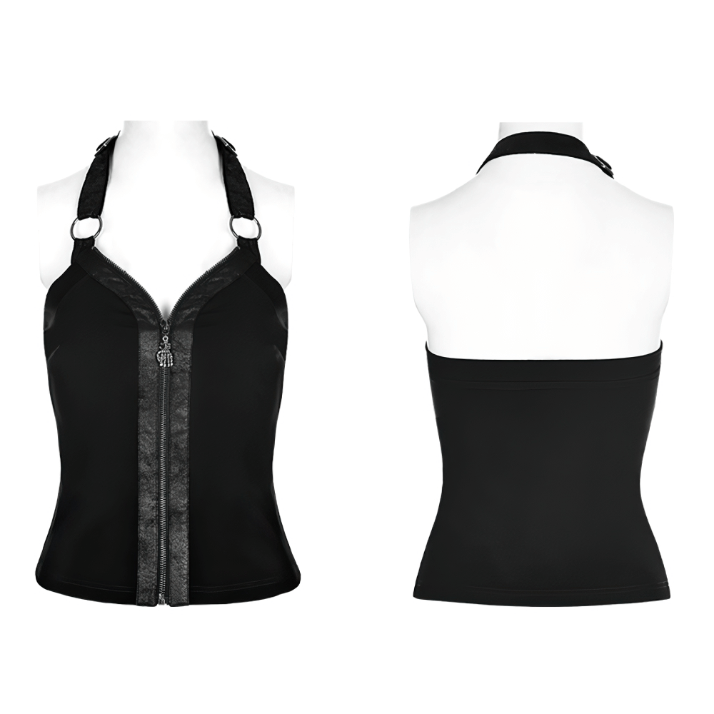 Black Zipper Halter Camisole with Ring Detailing