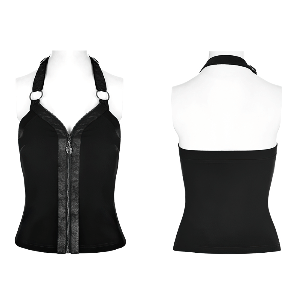Black zipper halter camisole with ring detailing, featuring cracked PU leather front and adjustable shoulder buttons.