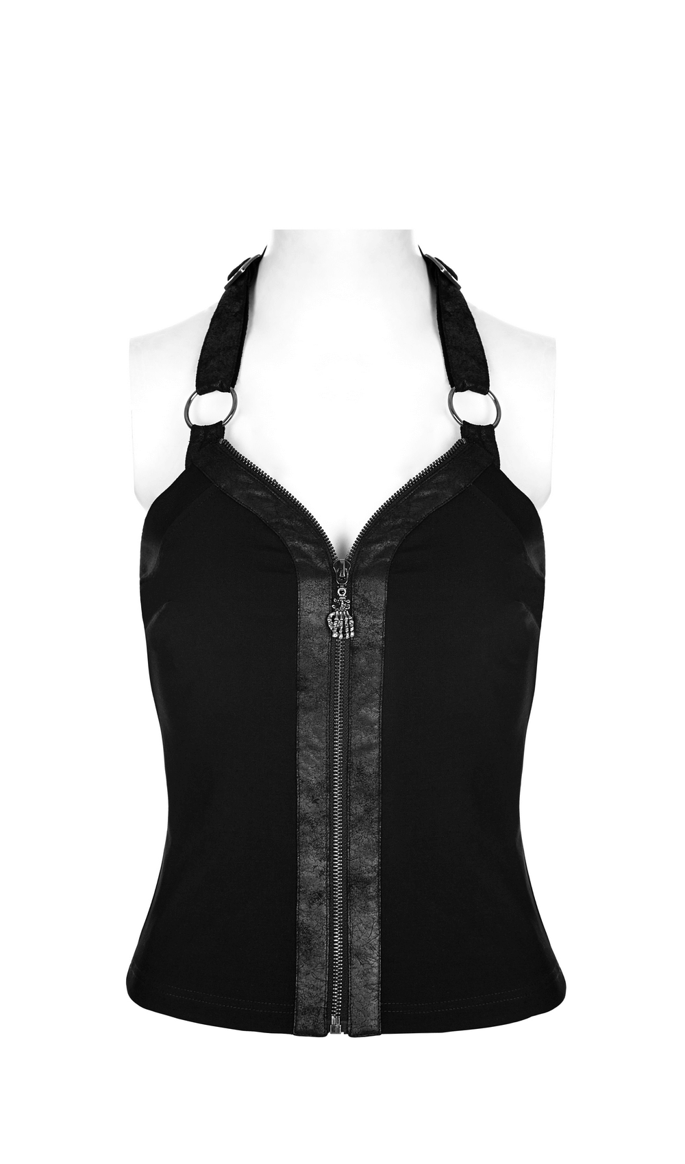 Black zipper halter camisole with ring detailing, edgy punk style, cracked PU leather front, stylish and comfortable fit.