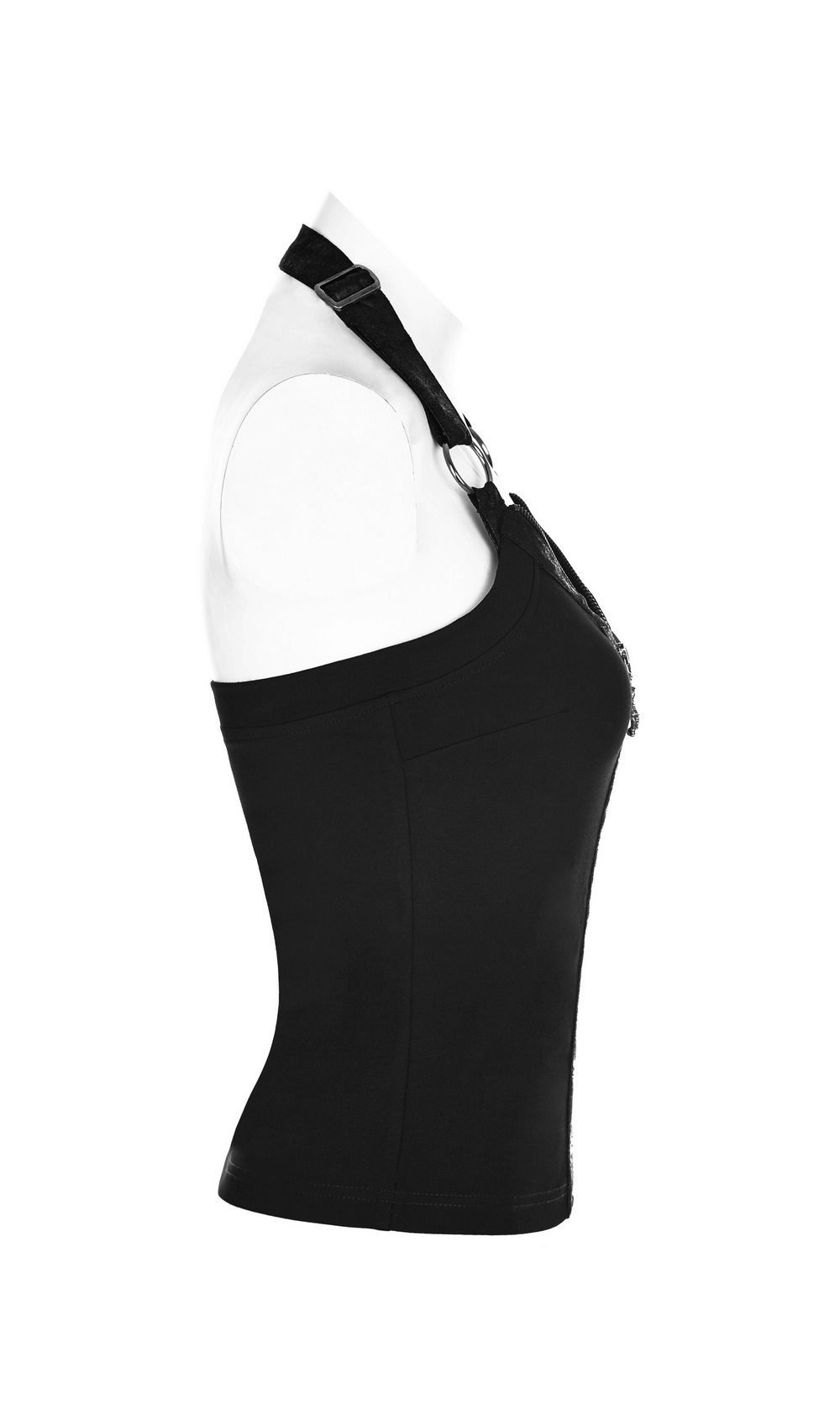 Black punk halter camisole with ring detailing, featuring a zipper and fitted design for edgy style.
