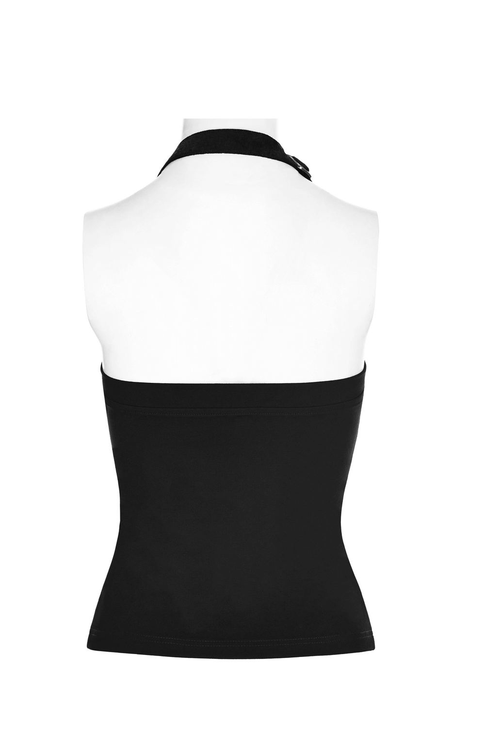Back view of a black halter camisole top with adjustable strap, perfect for punk style outfits.