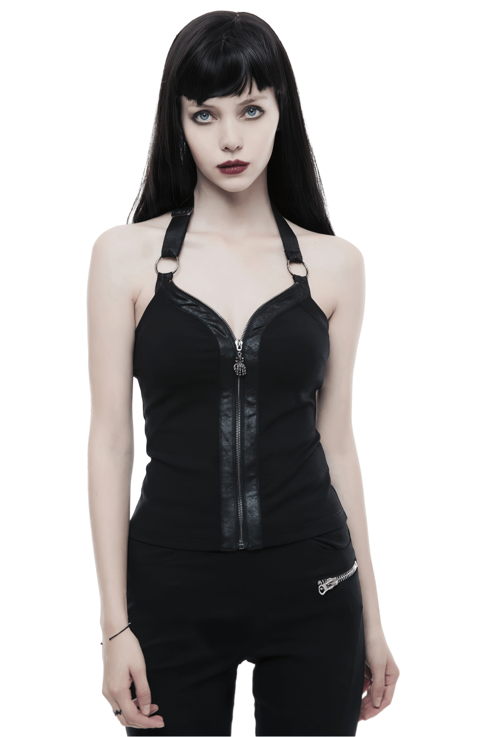 Black zipper halter camisole with ring detail, perfect for edgy punk rock style outfits.