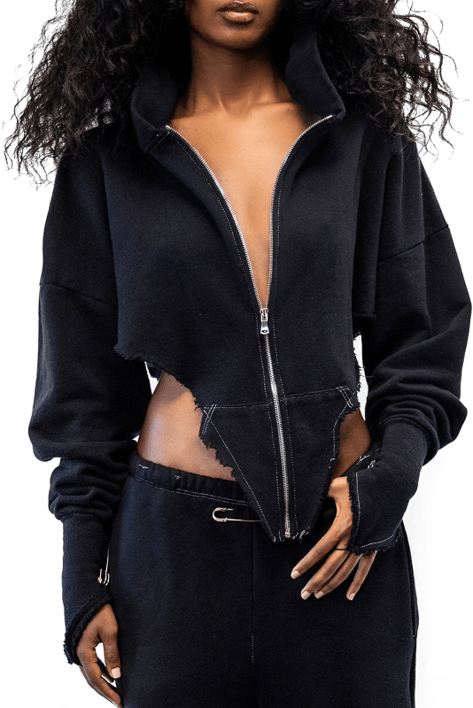 Black Zipper Pastel Goth Clothing / Vintage Women's Hoodies / Gothic Aesthetic Top with Long Sleeves - HARD'N'HEAVY