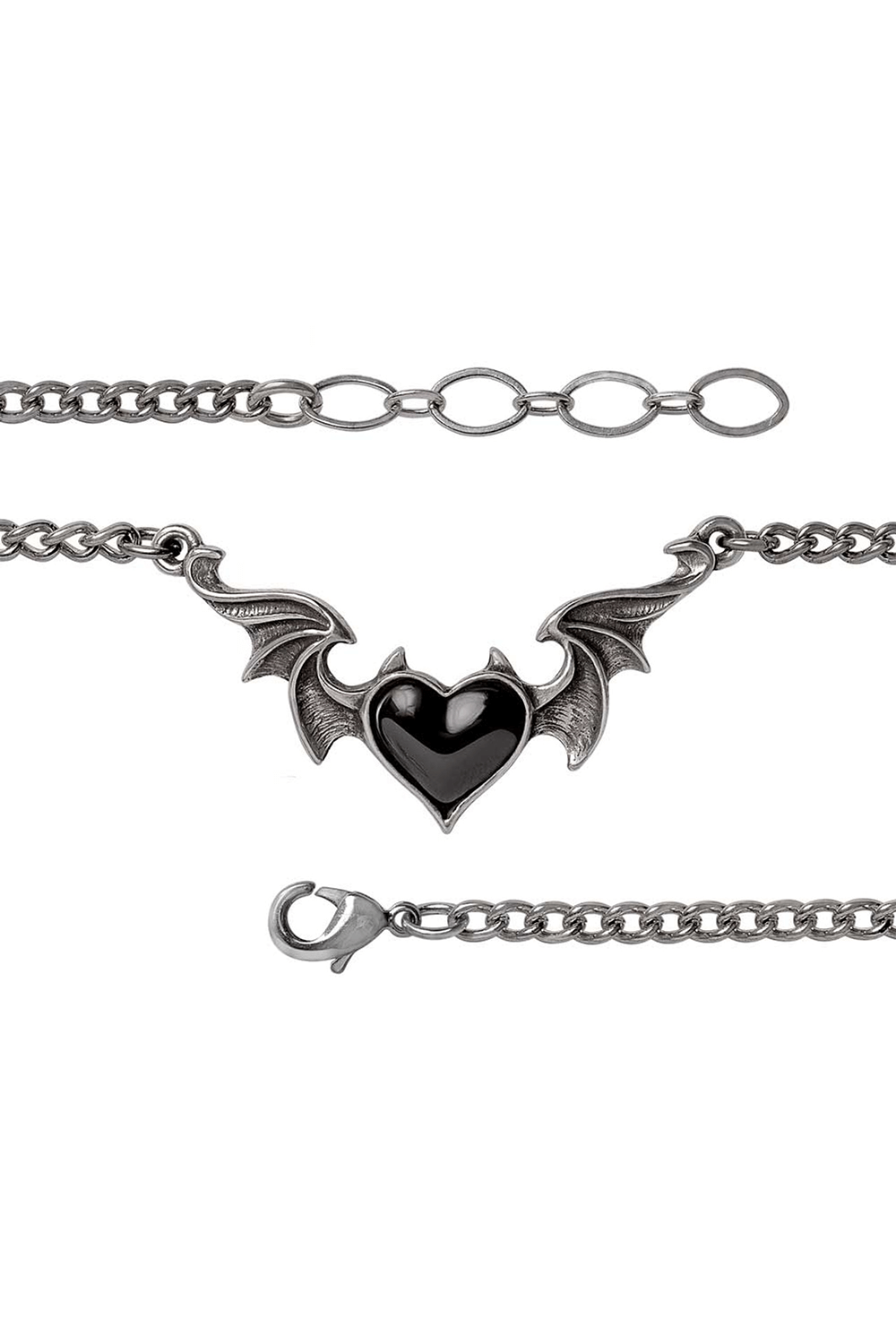 Gothic Blacksoul bracelet featuring a black winged heart design with devil horns, crafted in English pewter.