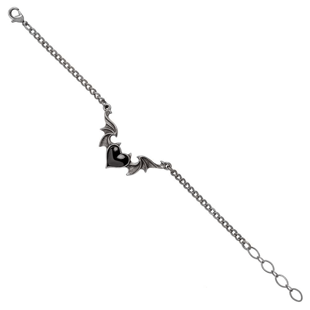 Gothic Blacksoul Bracelet featuring a winged heart design with devil horns, crafted in English pewter and enamel.