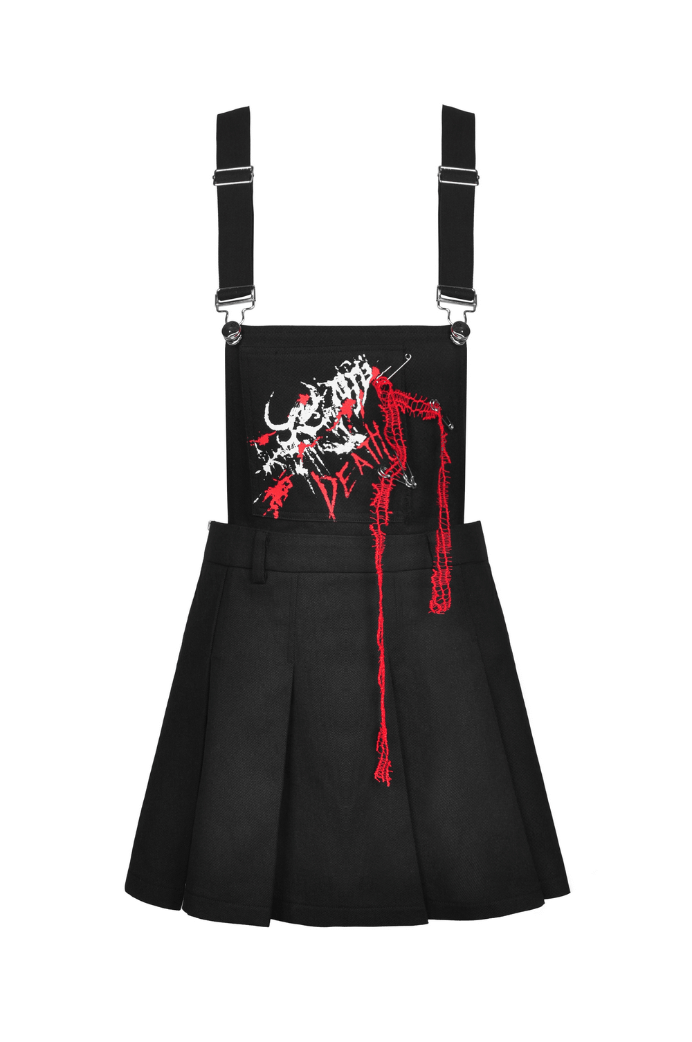 Gothic Blood Devil pleated dress with adjustable straps and embroidered skeleton detail.