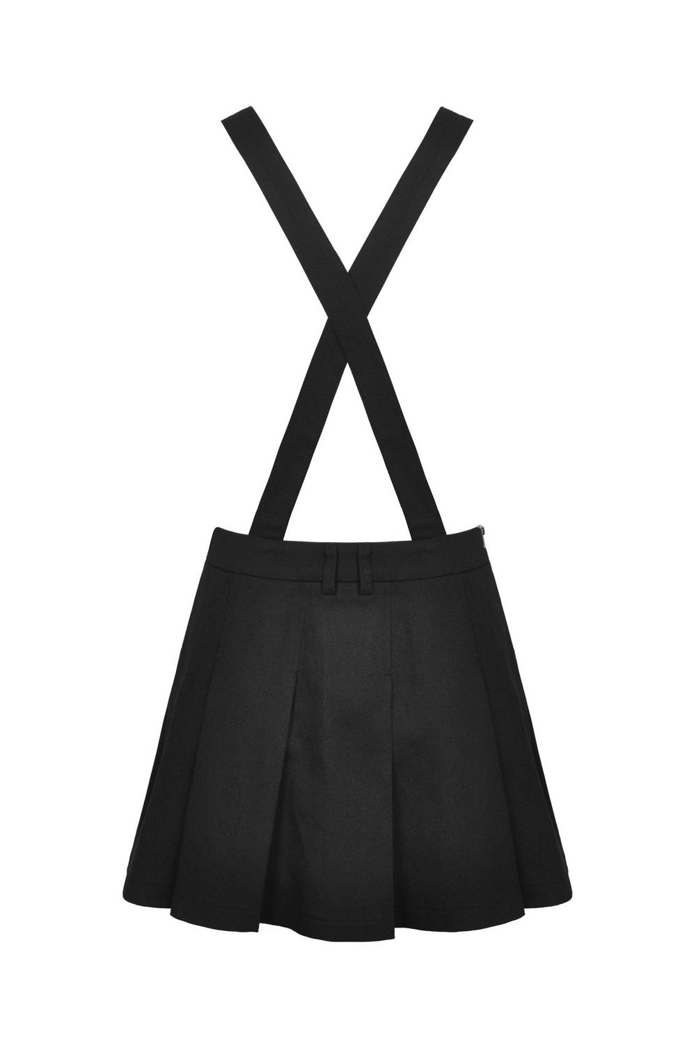 Back view of a black pleated pinafore dress with adjustable crisscross straps for a gothic look.
