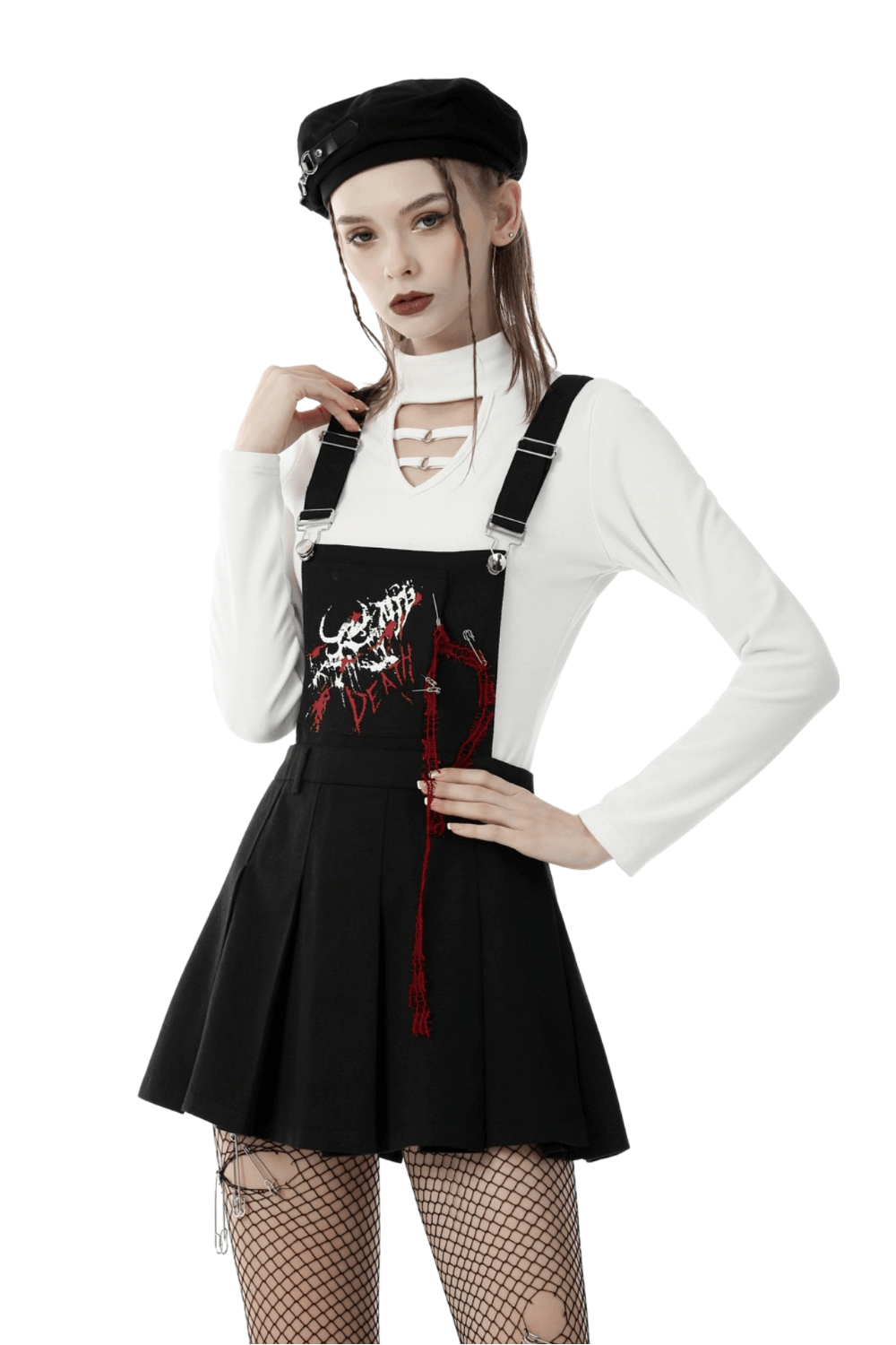 Gothic Blood Devil pleated dress with adjustable straps and embroidered skeleton detail, perfect for edgy style.