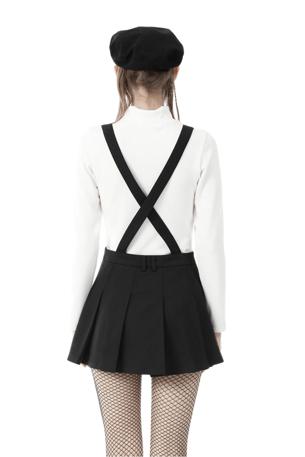 Back view of a stylish black pleated dress with adjustable straps, paired with a white top and fishnet stockings.