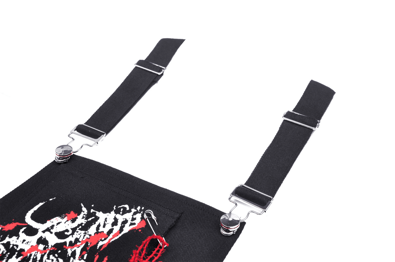 Adjustable straps of the Blood Devil Pleated Dress featuring metal clasps and gothic detailing.