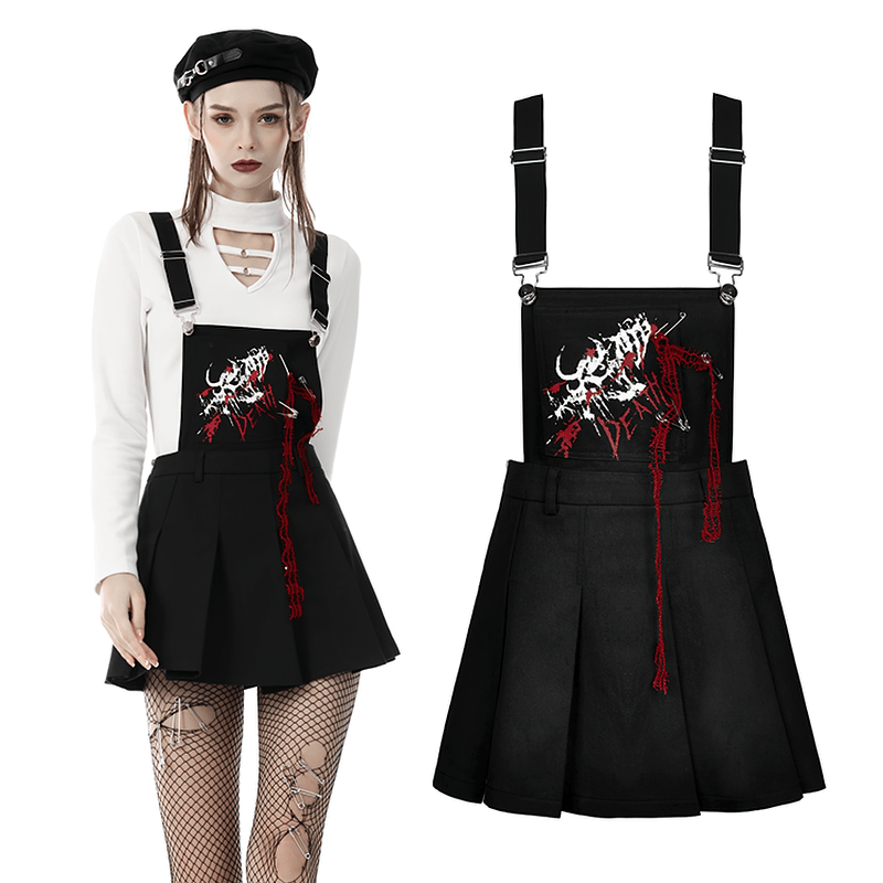 Gothic Blood Devil pleated dress with adjustable straps and embroidered skeleton detail by Dark In Love.