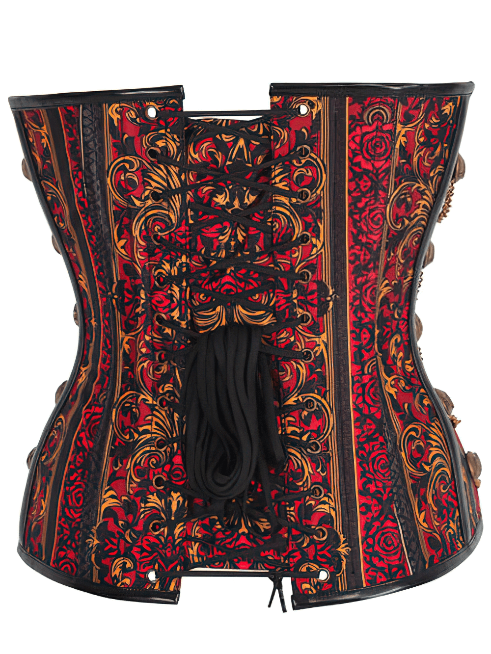 Blood Rose Baroque Overbust Corset featuring bold red and gold floral prints with black taffeta and antique gold chain accents.