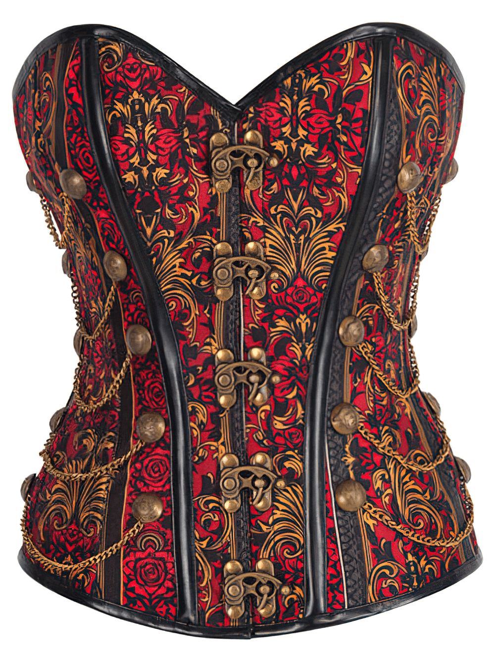 Blood Rose Baroque Overbust Corset with gold chains and red floral design, perfect for gothic and steampunk fashion.