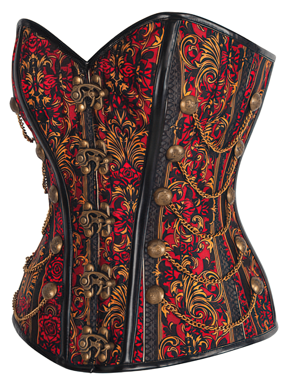 Blood Rose Baroque Overbust Corset with gold accents, perfect for gothic and steampunk cosplay.