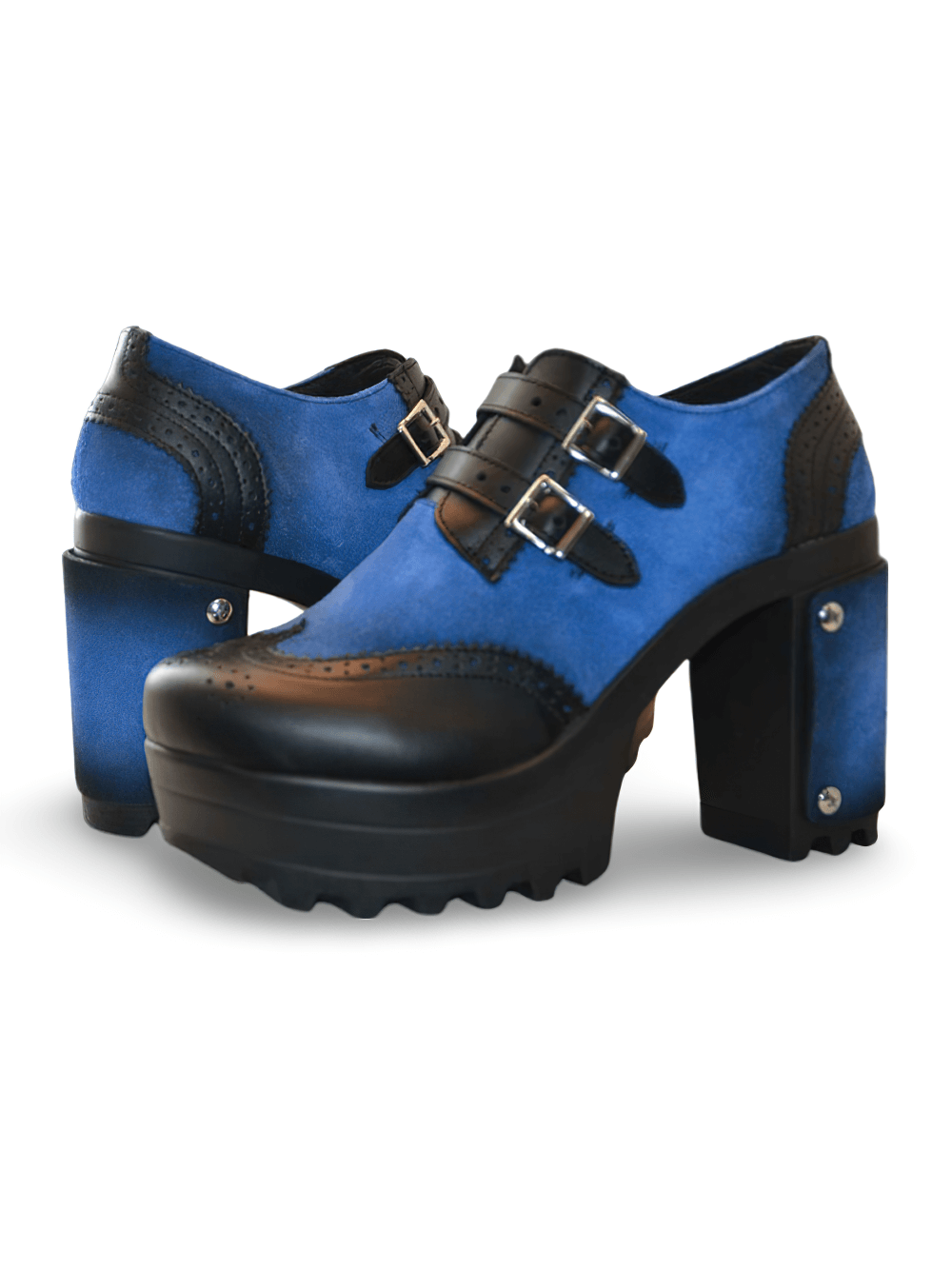 Blue And Black Buckled Suede Booties with Platform